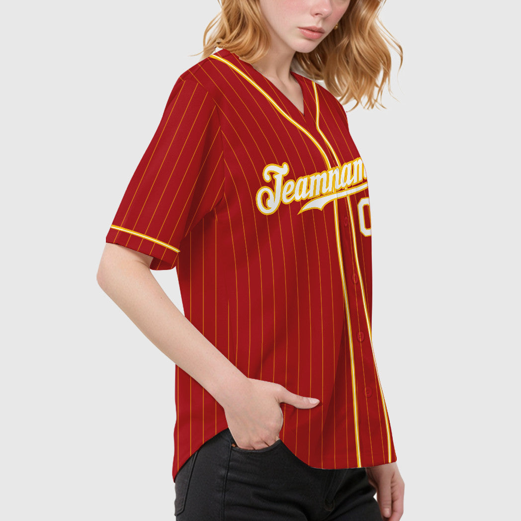 Custom Red Gold White-Gold Piping Pinstripe Baseball Jersey
