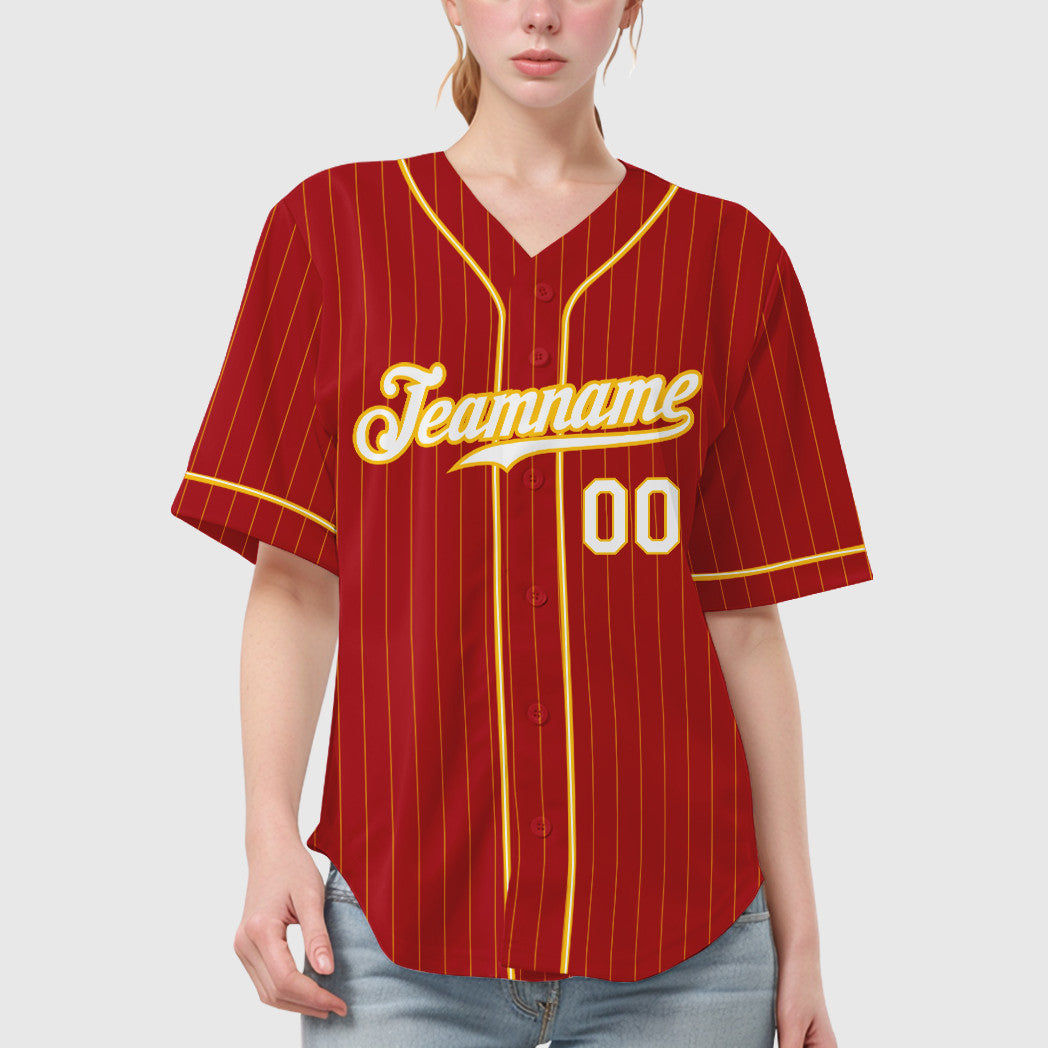 Custom Red Gold White-Gold Piping Pinstripe Baseball Jersey