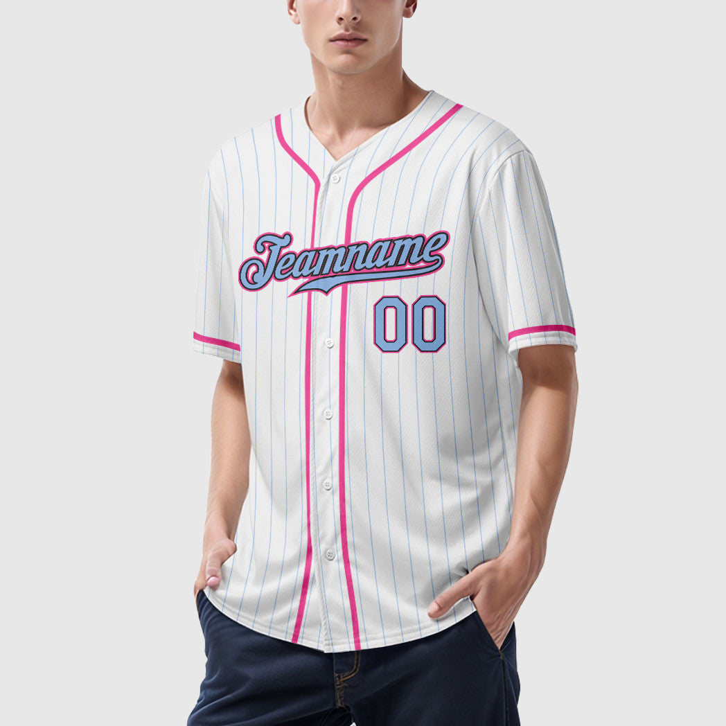 Custom White Light Blue Light Blue Black-Pink Piping Pinstripe Baseball Jersey