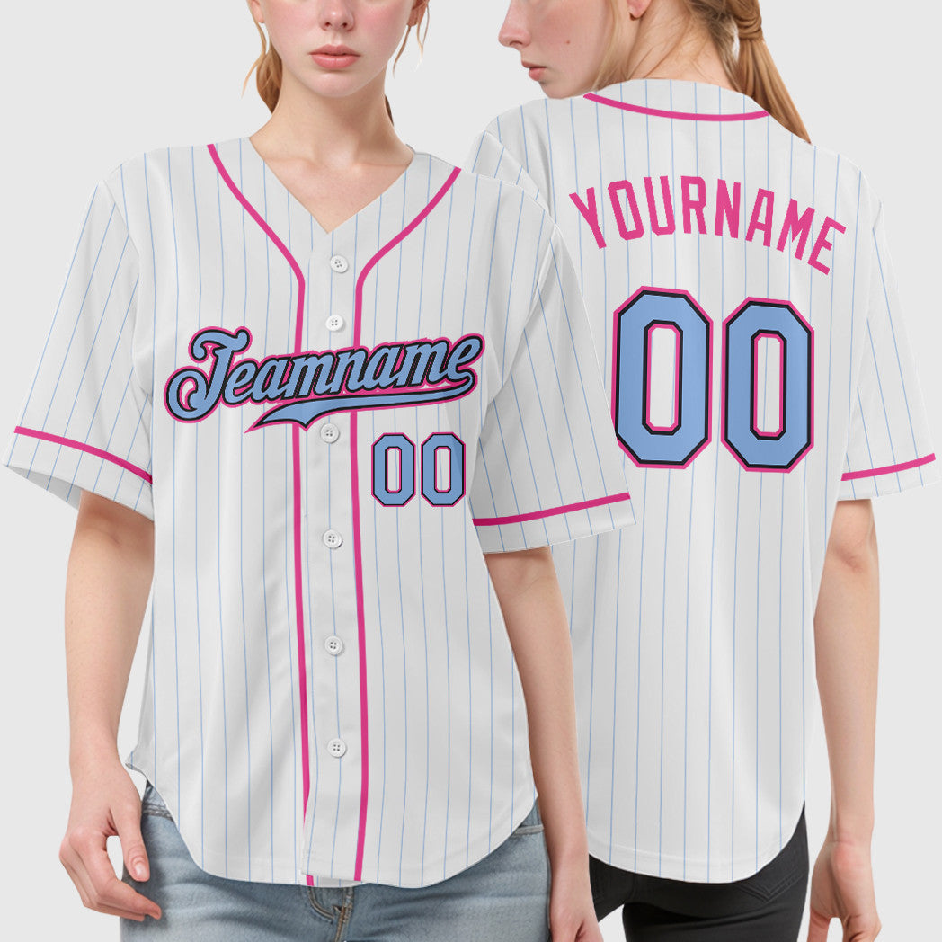 Custom White Light Blue Light Blue Black-Pink Piping Pinstripe Baseball Jersey