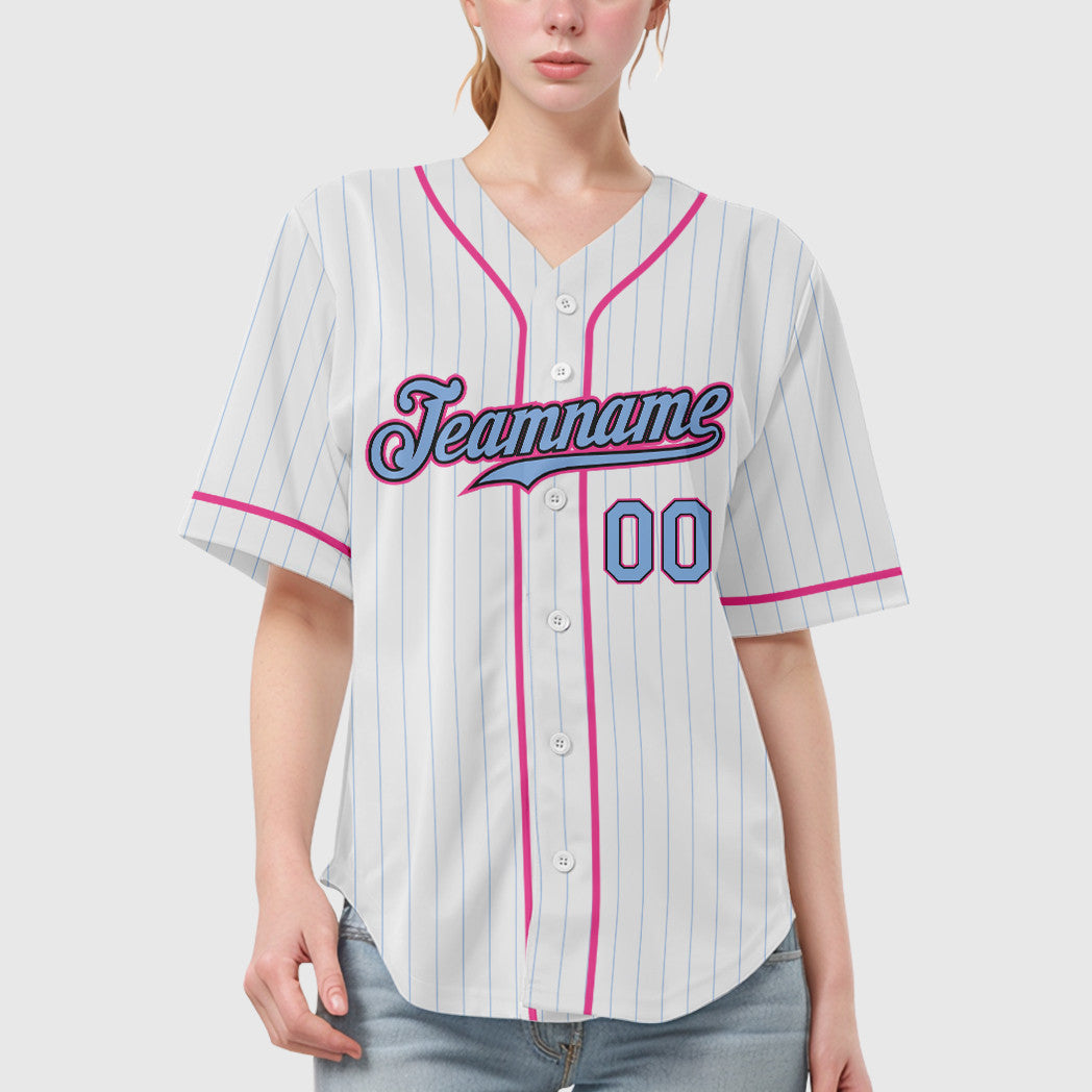 Custom White Light Blue Light Blue Black-Pink Piping Pinstripe Baseball Jersey