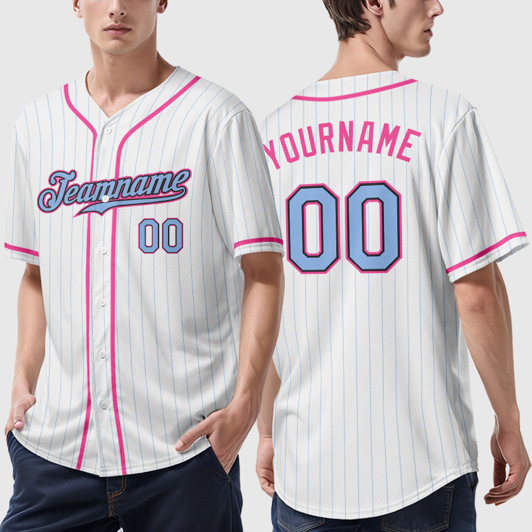 Custom White Light Blue Light Blue Black-Pink Piping Pinstripe Baseball Jersey