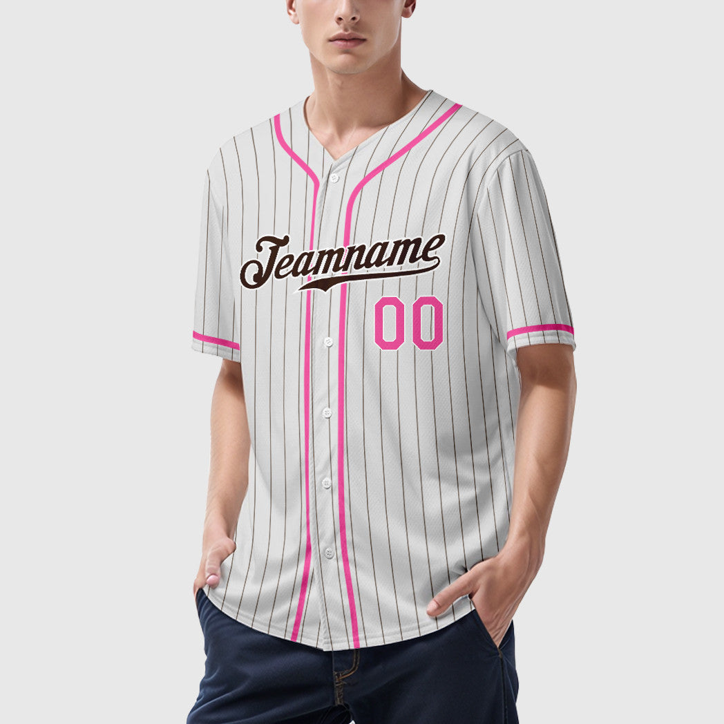 Custom White Brown Pink Piping Pinstripe Baseball Jersey