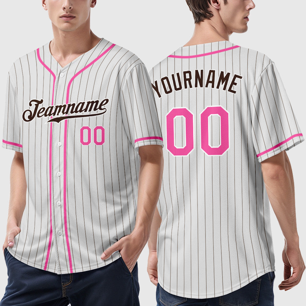 Custom White Brown Pink Piping Pinstripe Baseball Jersey