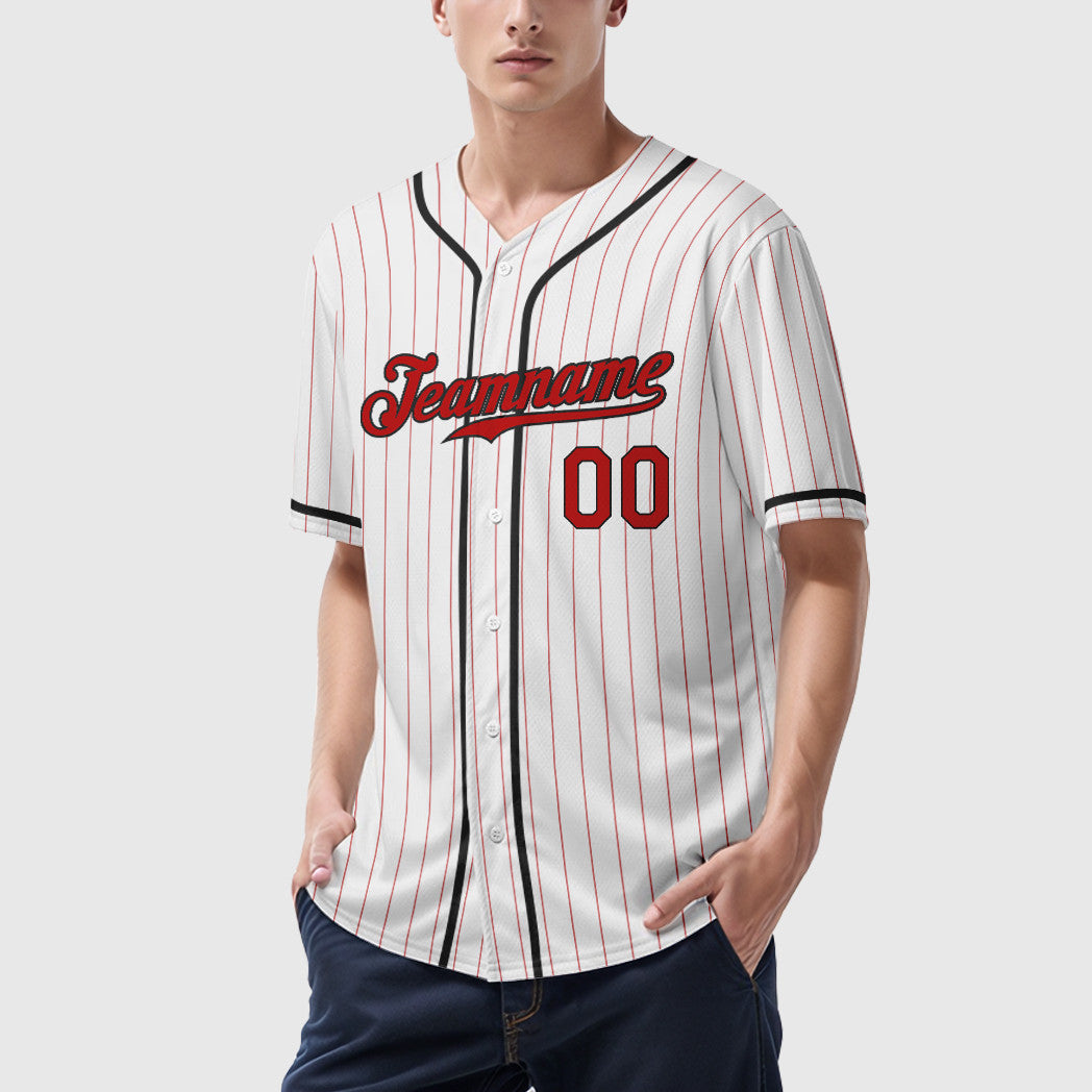 Custom White Red Red-Black Piping Pinstripe Baseball Jersey