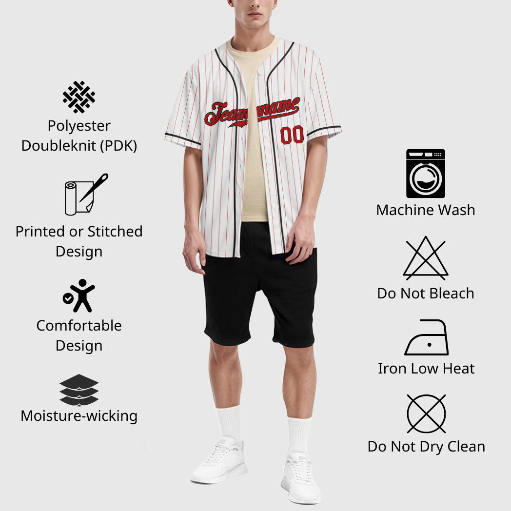 Custom White Red Red-Black Piping Pinstripe Baseball Jersey