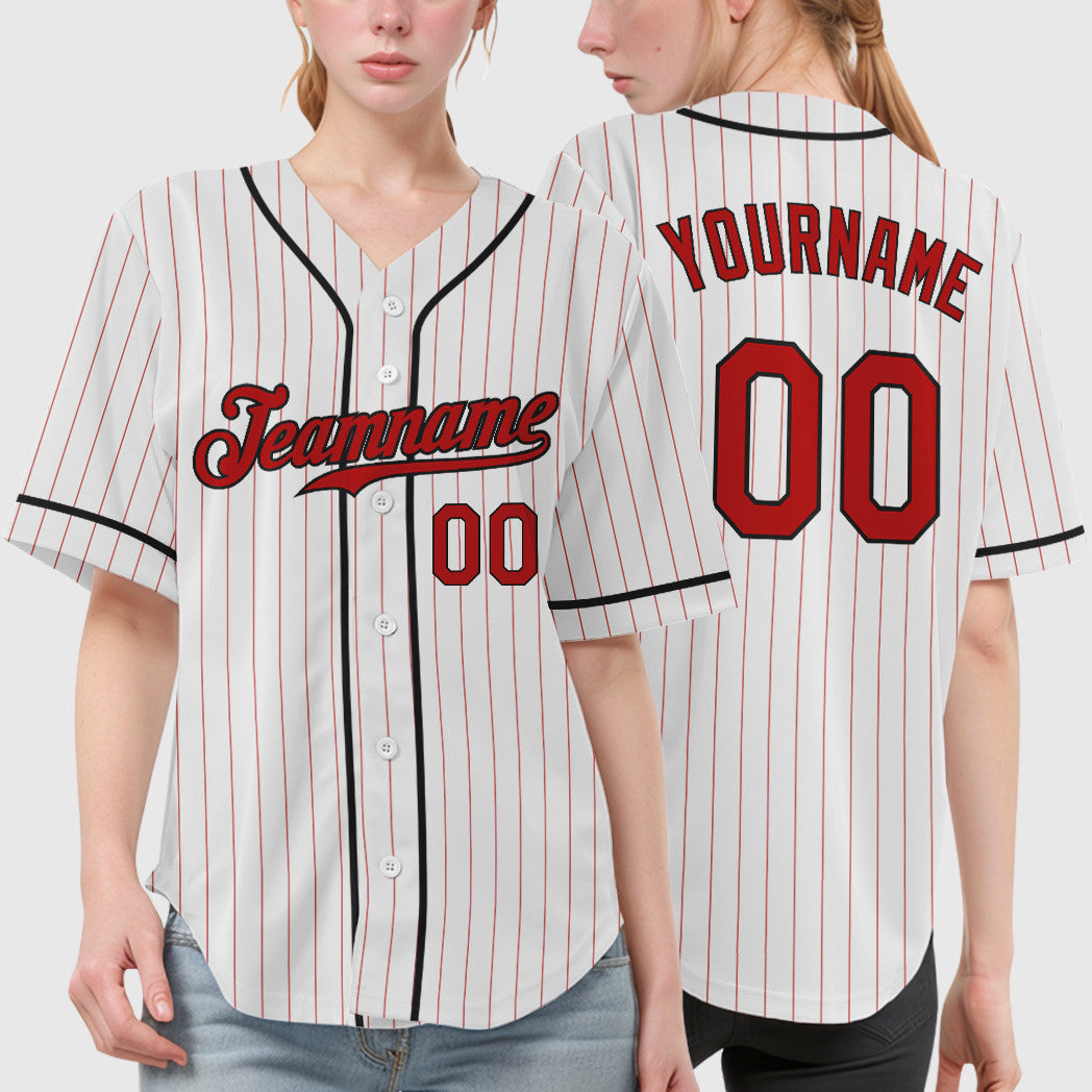 Custom White Red Red-Black Piping Pinstripe Baseball Jersey