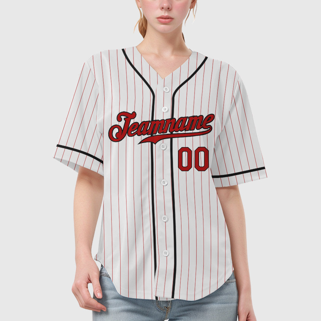 Custom White Red Red-Black Piping Pinstripe Baseball Jersey