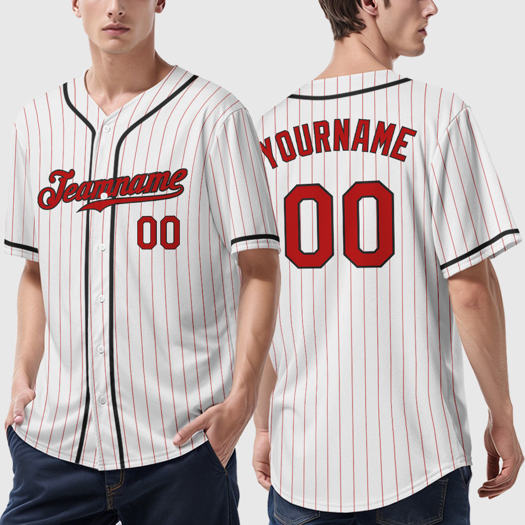 Custom White Red Red-Black Piping Pinstripe Baseball Jersey