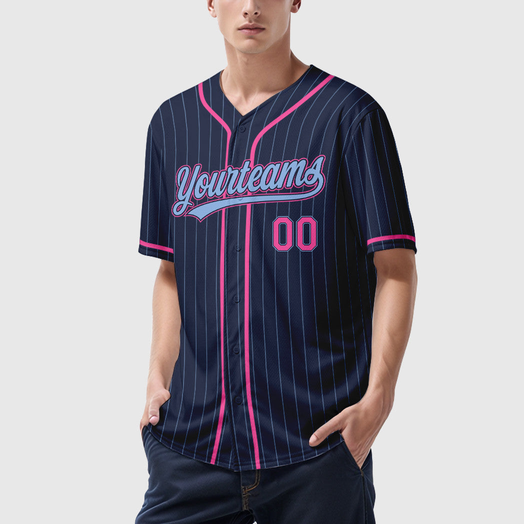 Custom Navy Light Blue Pink Piping Pinstripe Baseball Jersey