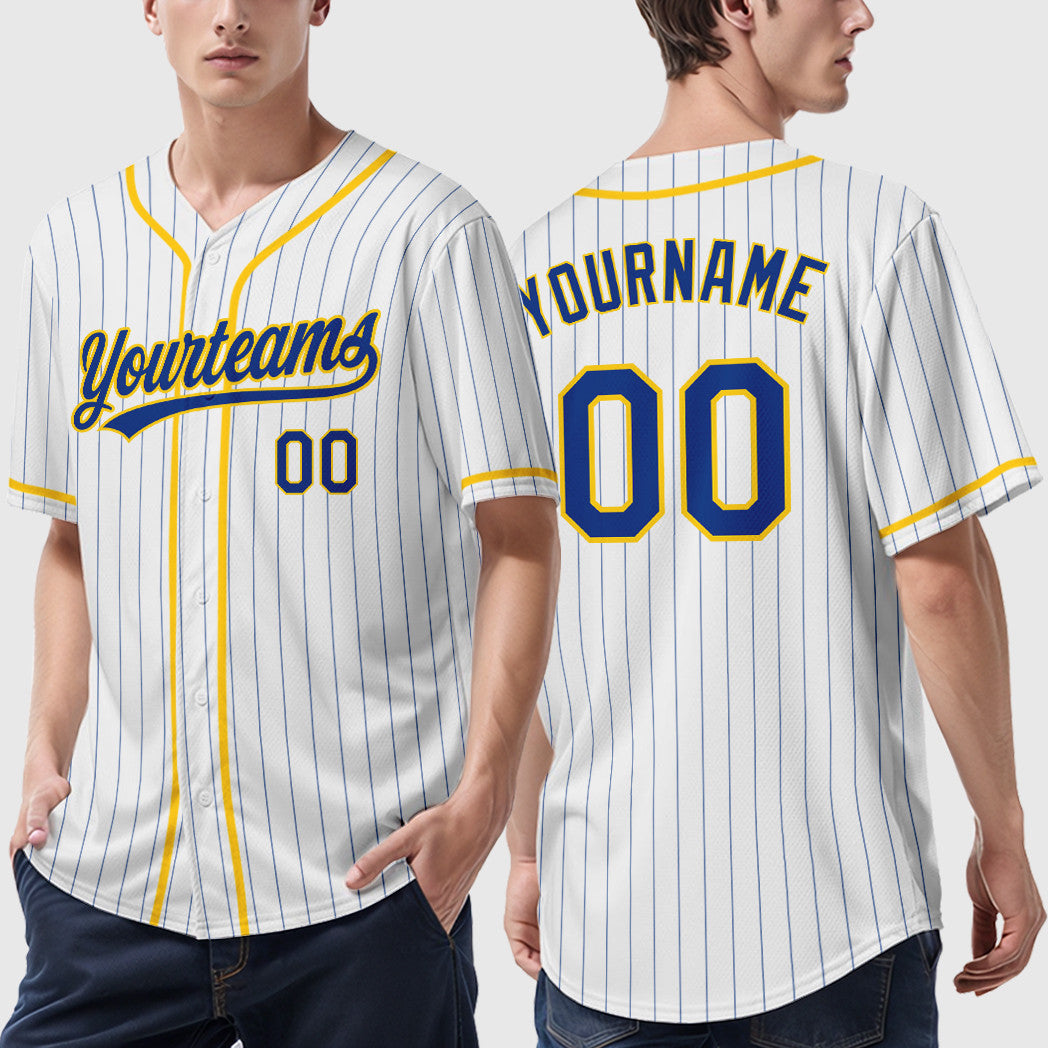 Custom White Royal Royal-Yellow Piping Pinstripe Baseball Jersey