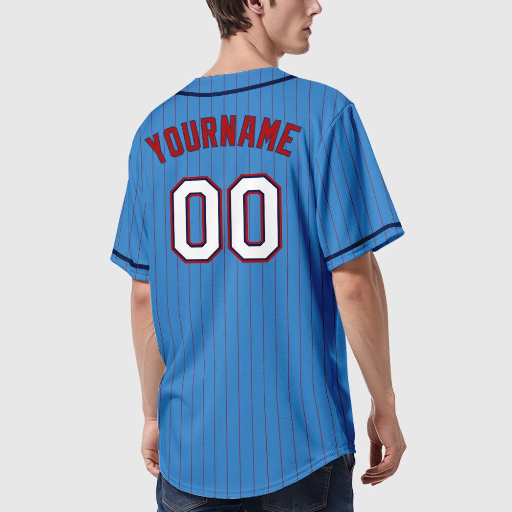 Custom Powder Blue Red White-Navy Piping Pinstripe Baseball Jersey
