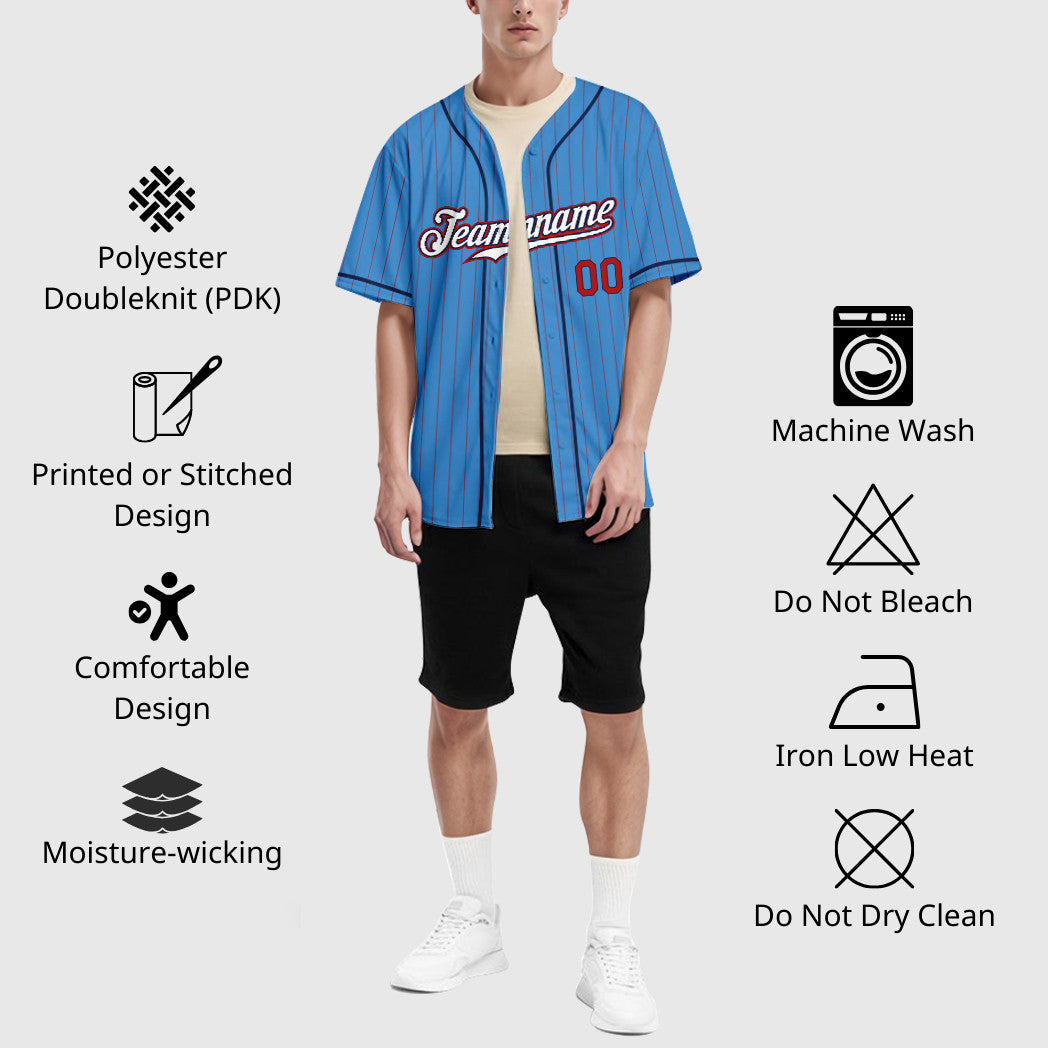 Custom Powder Blue Red White-Navy Piping Pinstripe Baseball Jersey