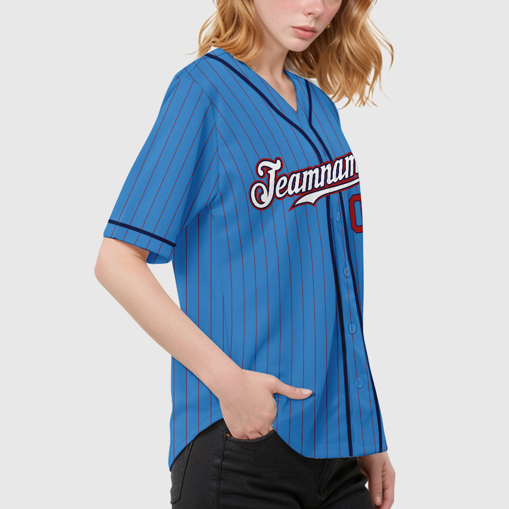Custom Powder Blue Red White-Navy Piping Pinstripe Baseball Jersey