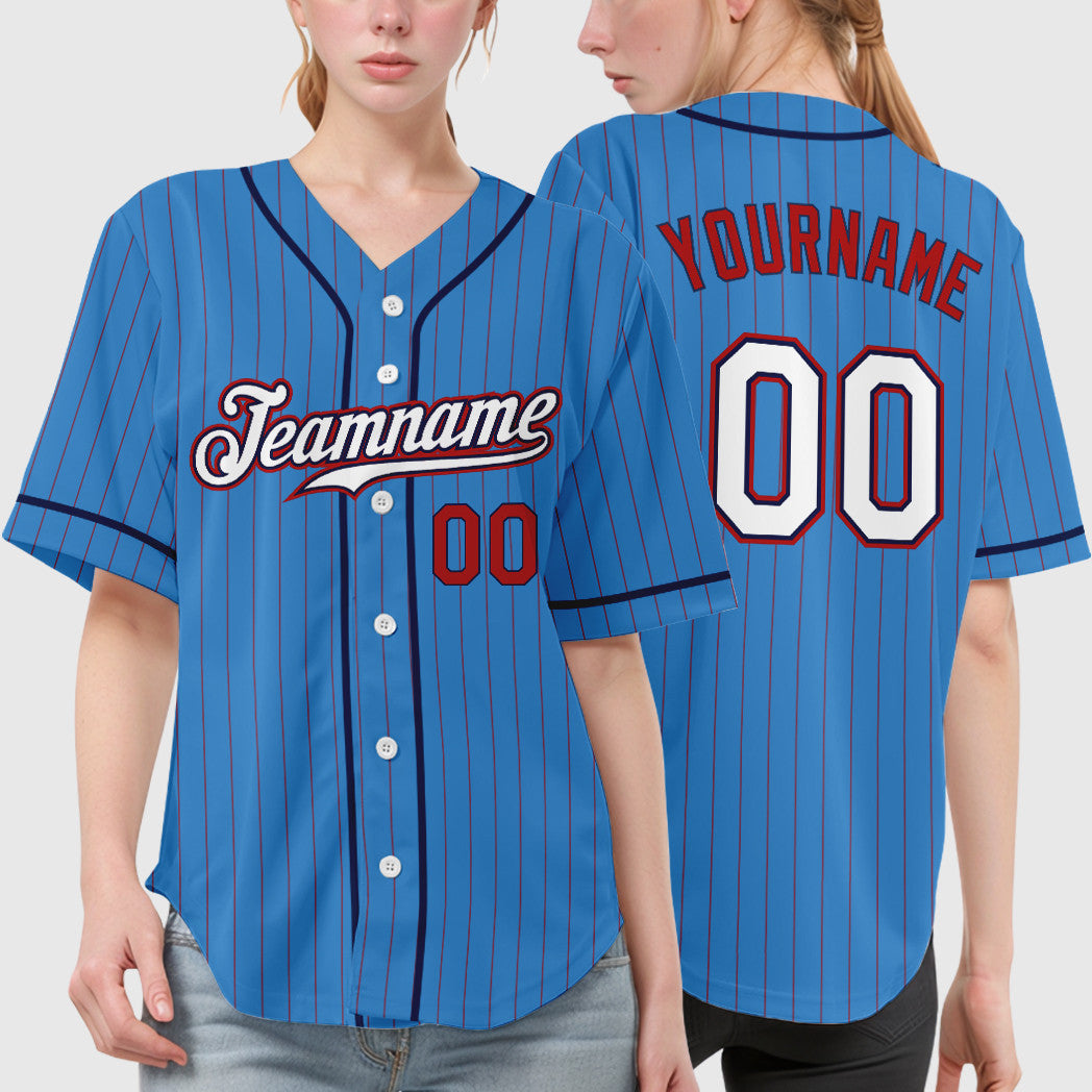 Custom Powder Blue Red White-Navy Piping Pinstripe Baseball Jersey