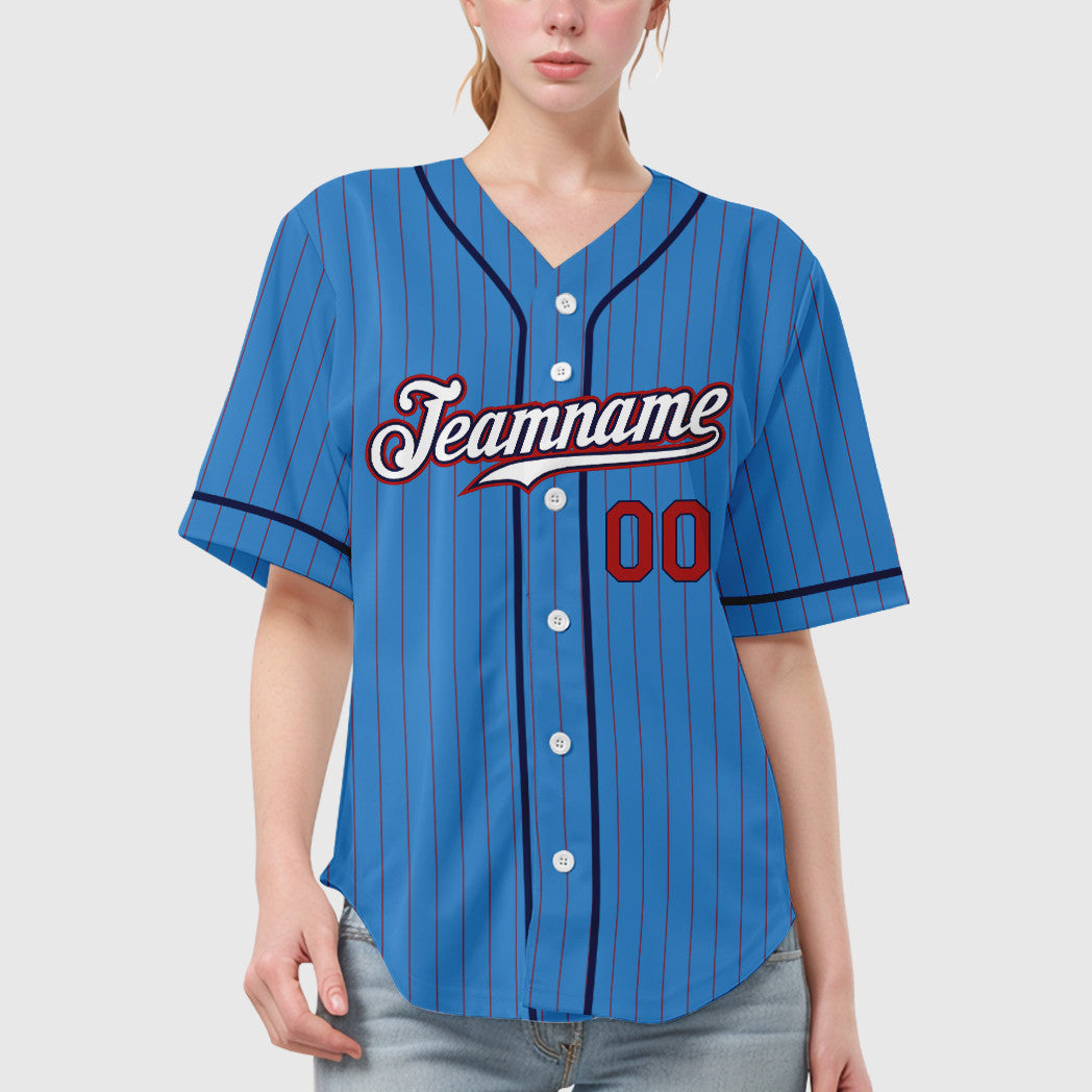 Custom Powder Blue Red White-Navy Piping Pinstripe Baseball Jersey