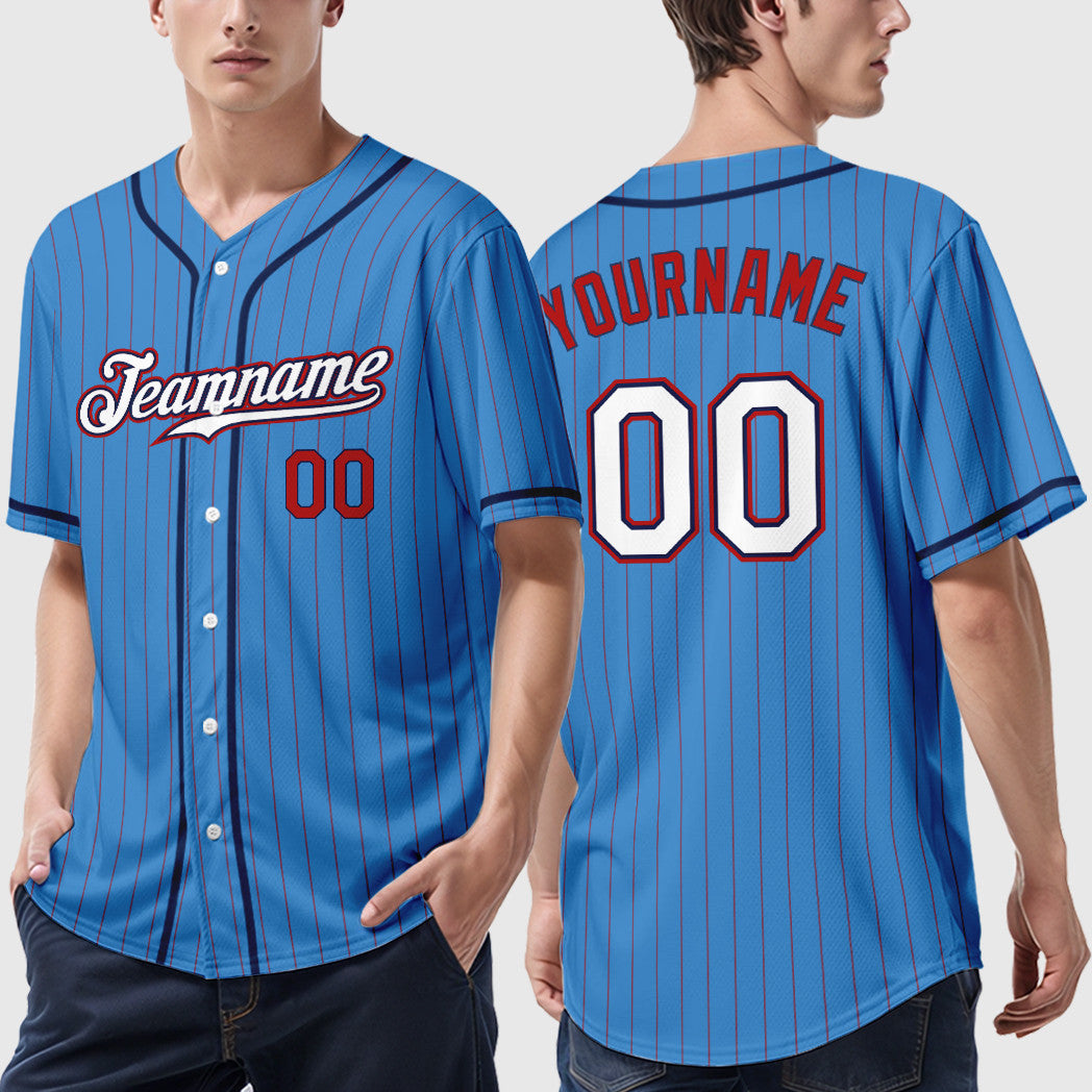 Custom Powder Blue Red White-Navy Piping Pinstripe Baseball Jersey