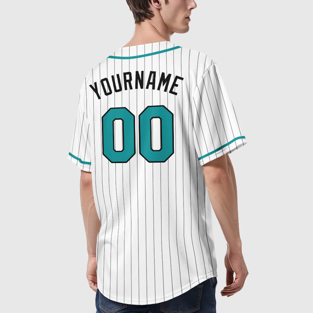 Custom White Black Teal Piping Pinstripe Baseball Jersey