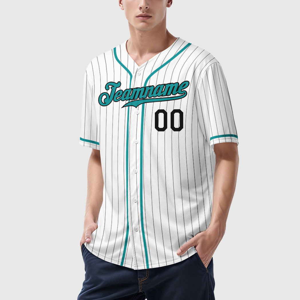 Custom White Black Teal Piping Pinstripe Baseball Jersey