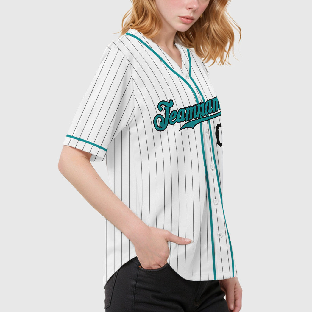 Custom White Black Teal Piping Pinstripe Baseball Jersey