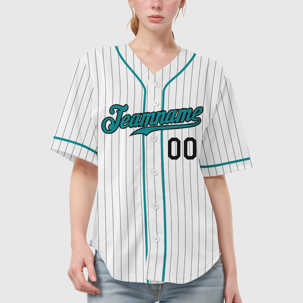 Custom White Black Teal Piping Pinstripe Baseball Jersey