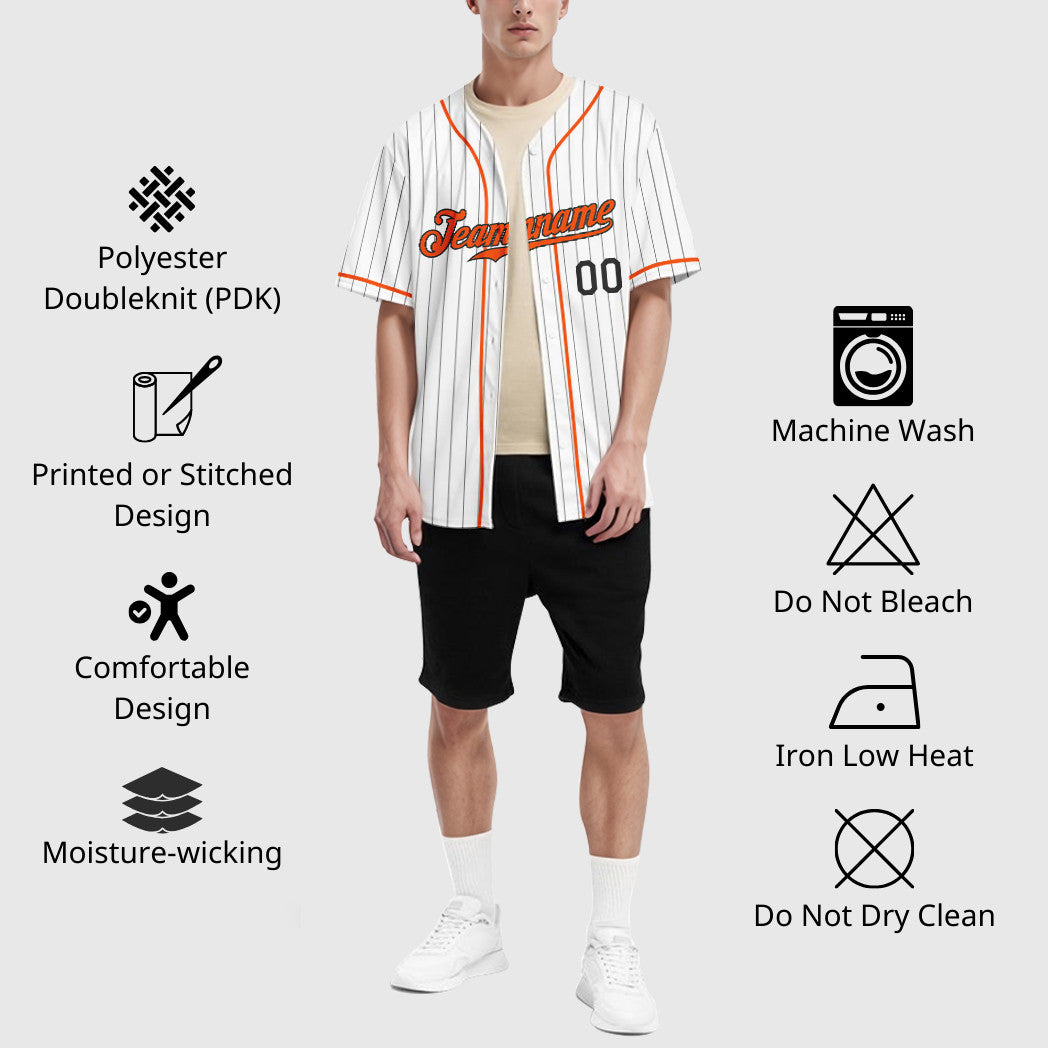 Custom White Black Orange Piping Pinstripe Baseball Jersey