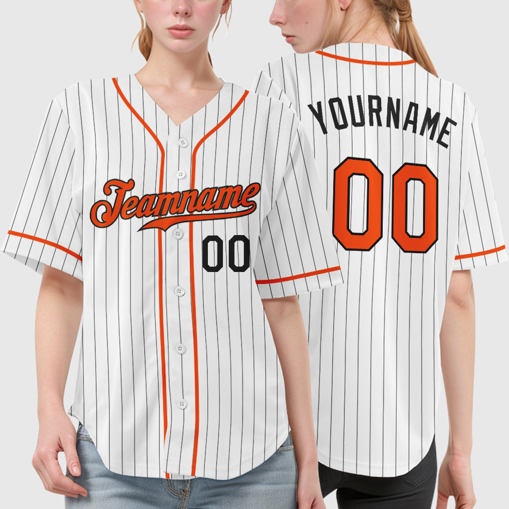 Custom White Black Orange Piping Pinstripe Baseball Jersey