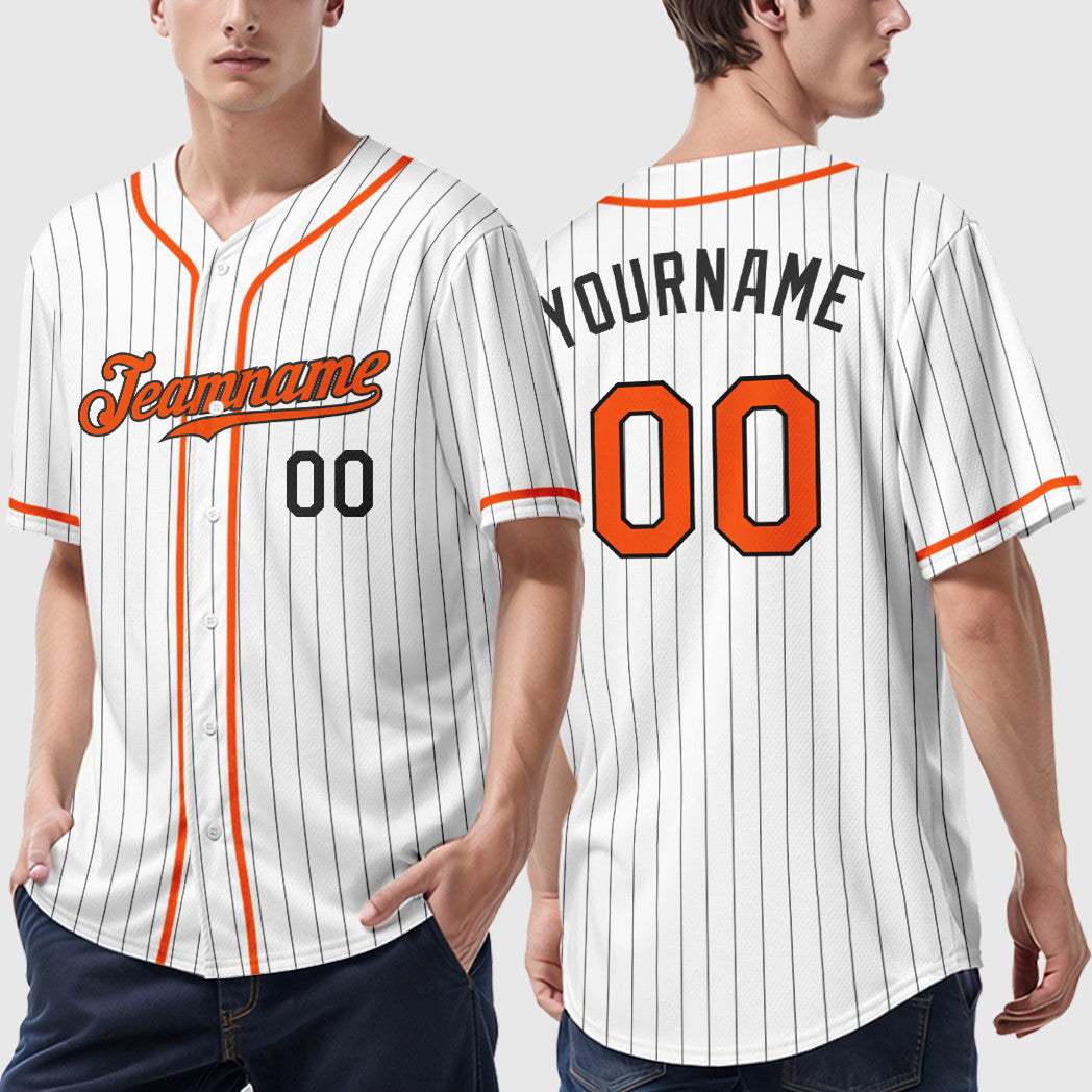 Custom White Black Orange Piping Pinstripe Baseball Jersey