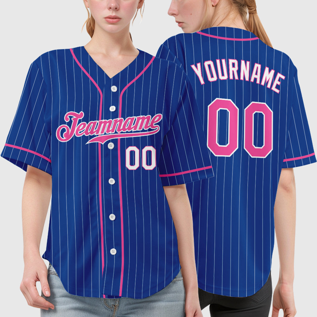 Custom Royal White Pink-White Piping Pinstripe Baseball Jersey