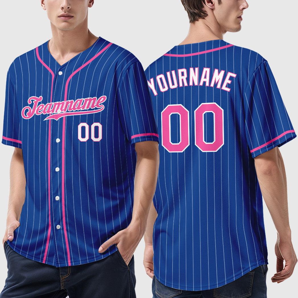 Custom Royal White Pink-White Piping Pinstripe Baseball Jersey