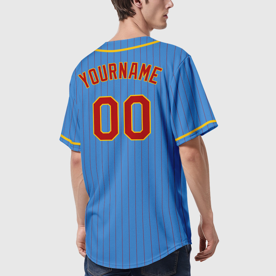 Custom Powder Blue Red Red-Gold Piping Pinstripe Baseball Jersey