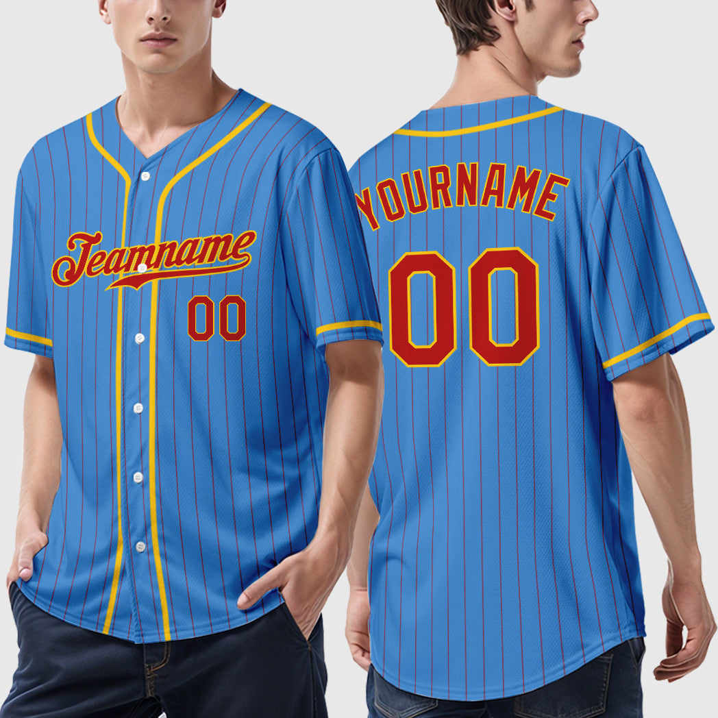 Custom Powder Blue Red Red-Gold Piping Pinstripe Baseball Jersey