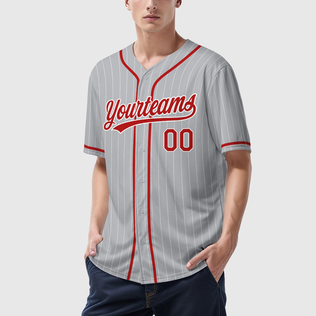 Custom Gray White Red Piping Pinstripe Baseball Jersey