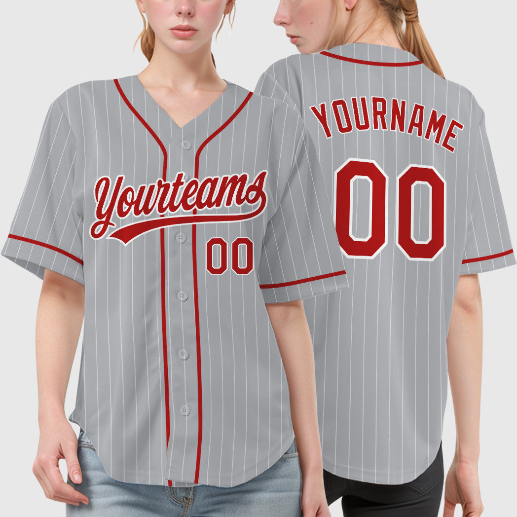 Custom Gray White Red Piping Pinstripe Baseball Jersey