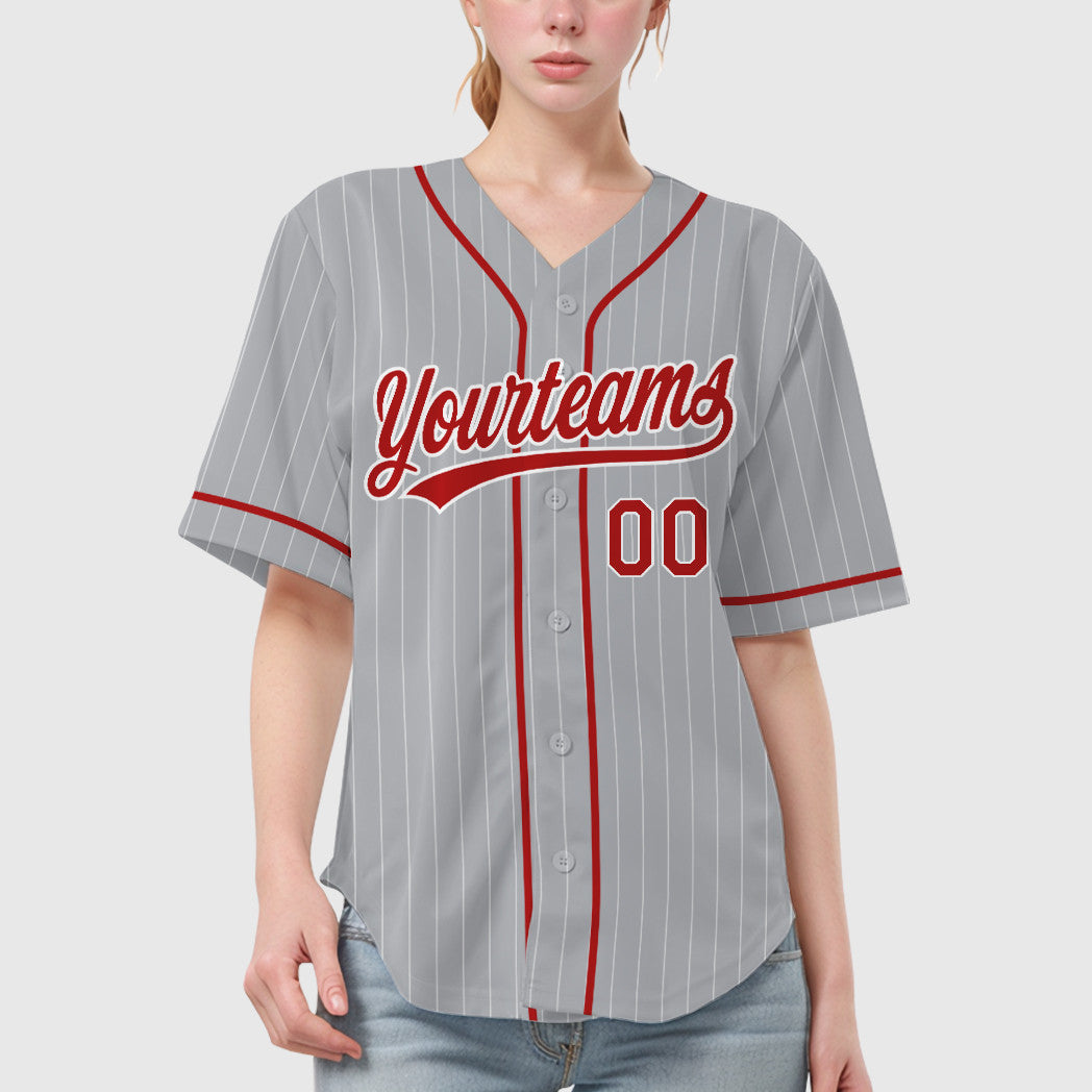 Custom Gray White Red Piping Pinstripe Baseball Jersey