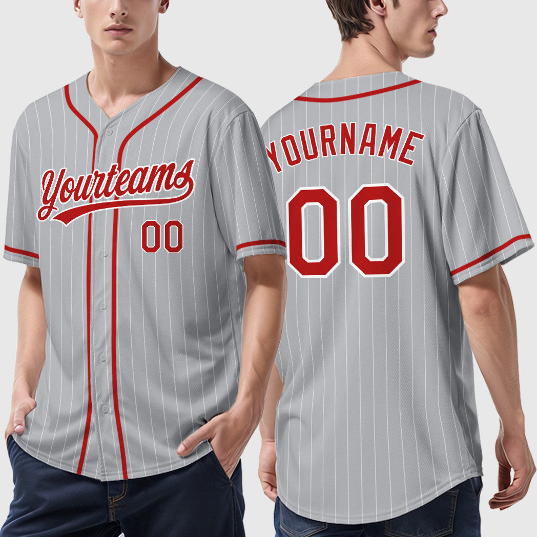 Custom Gray White Red Piping Pinstripe Baseball Jersey