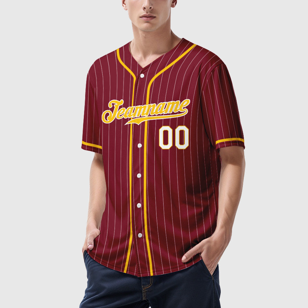 Custom Crimson White Gold-White Piping Pinstripe Baseball Jersey