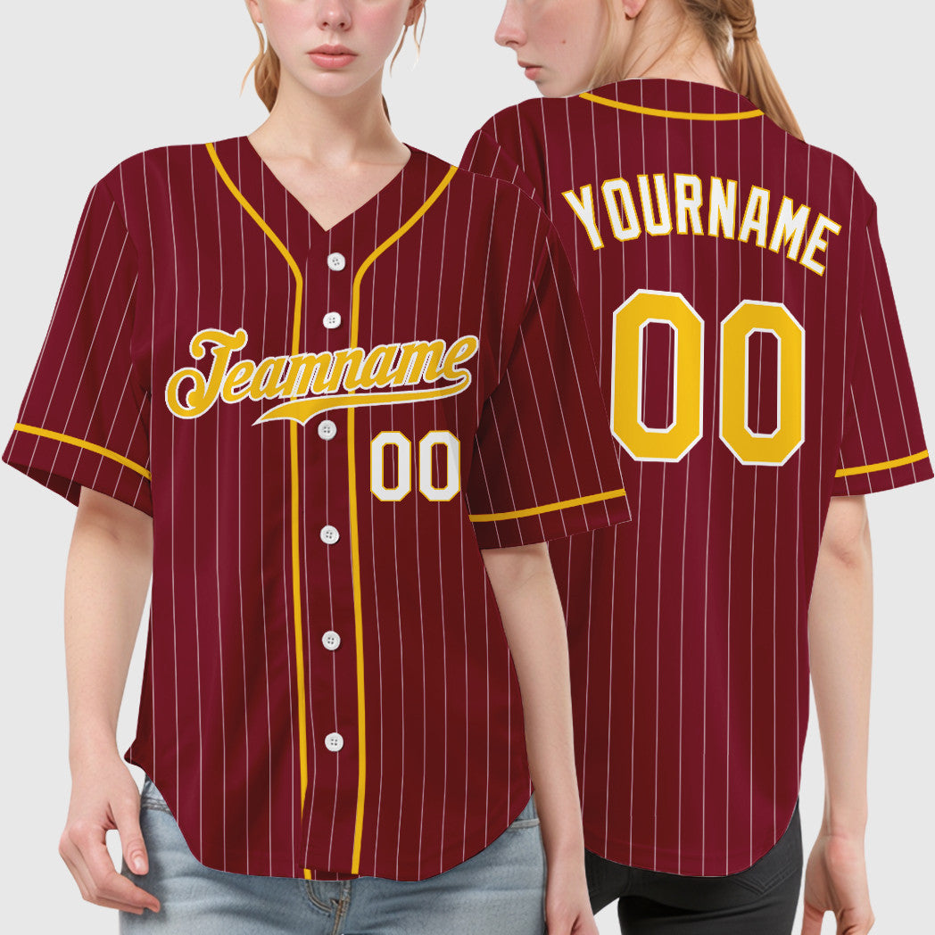 Custom Crimson White Gold-White Piping Pinstripe Baseball Jersey