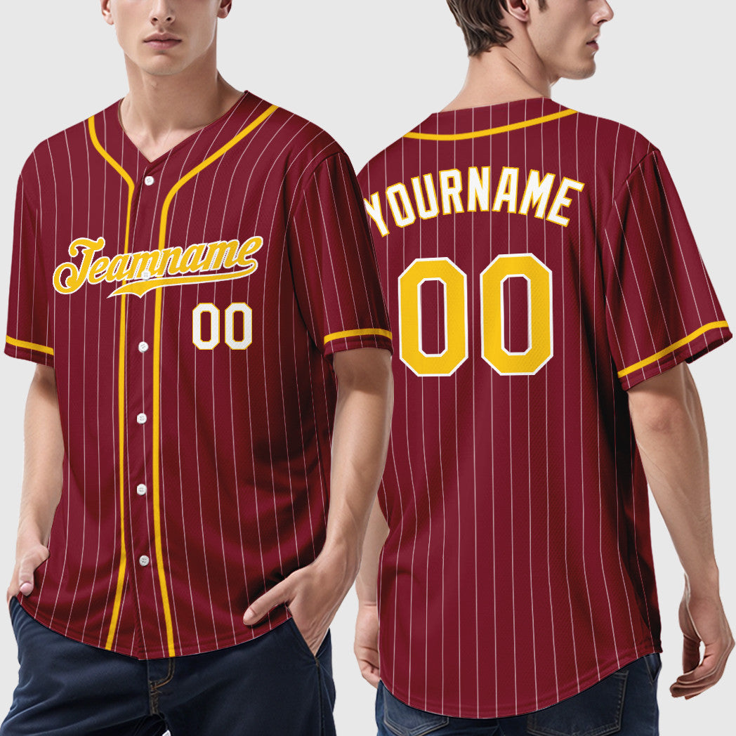 Custom Crimson White Gold-White Piping Pinstripe Baseball Jersey