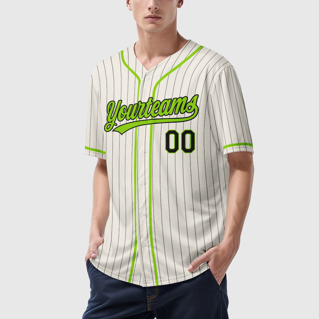Custom Cream Black Neon Green Piping Pinstripe Baseball Jersey