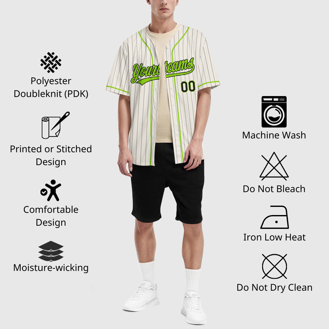 Custom Cream Black Neon Green Piping Pinstripe Baseball Jersey