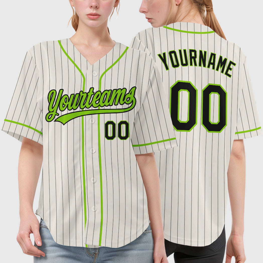 Custom Cream Black Neon Green Piping Pinstripe Baseball Jersey