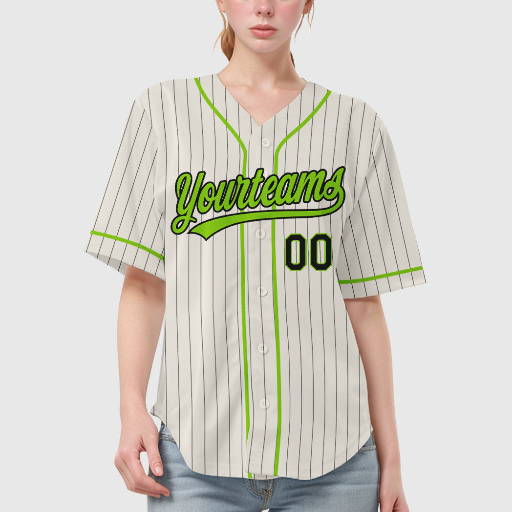 Custom Cream Black Neon Green Piping Pinstripe Baseball Jersey