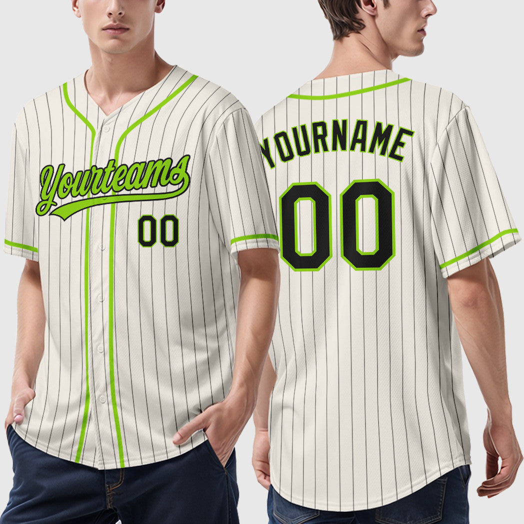 Custom Cream Black Neon Green Piping Pinstripe Baseball Jersey