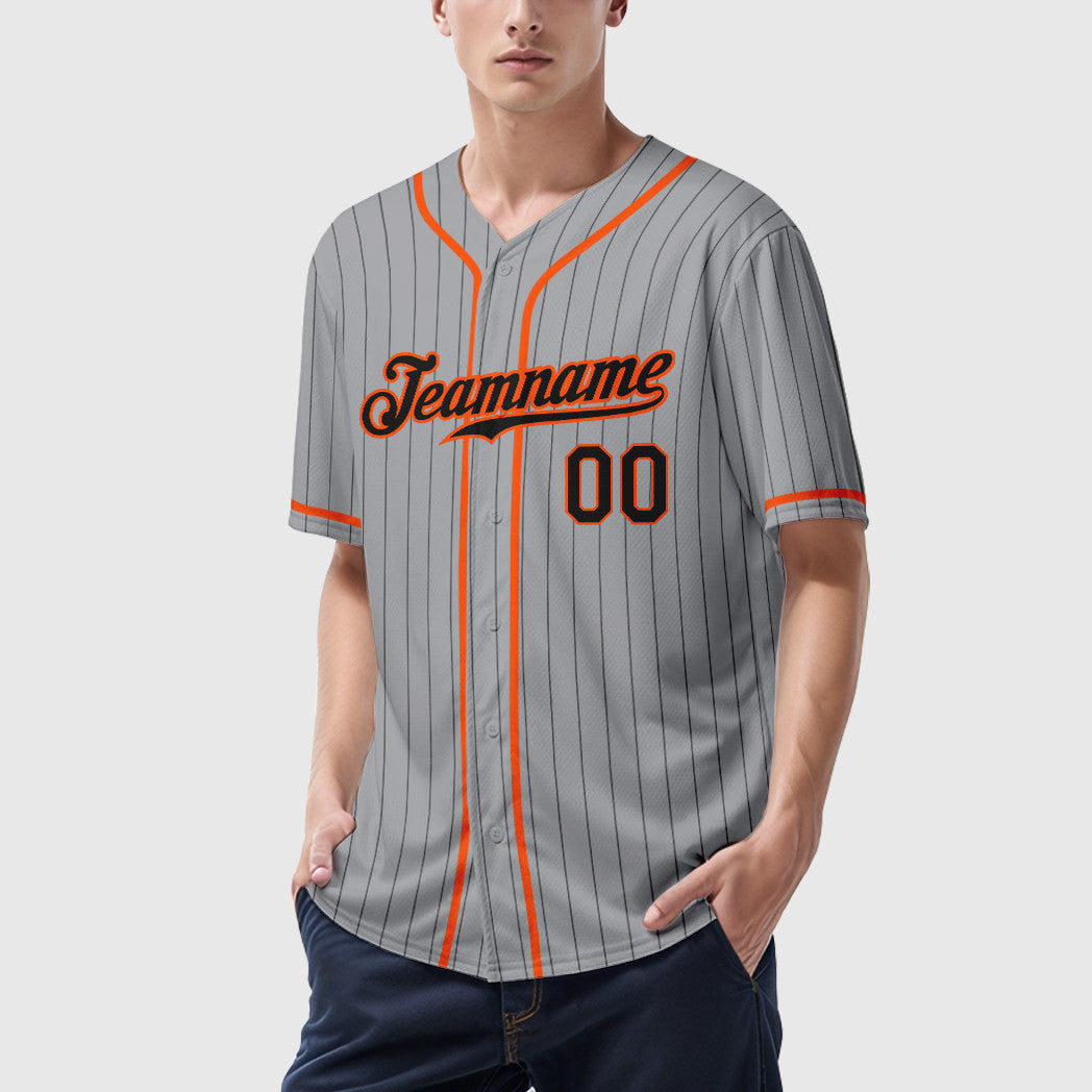 Custom Gray Black Black-Orange Piping Pinstripe Baseball Jersey