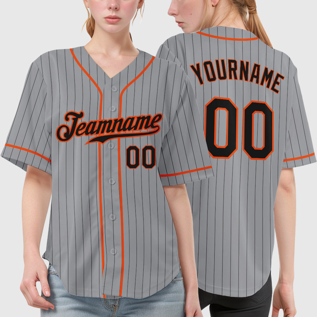 Custom Gray Black Black-Orange Piping Pinstripe Baseball Jersey