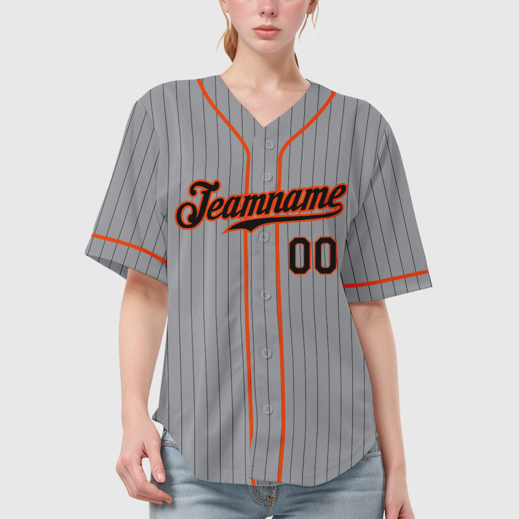 Custom Gray Black Black-Orange Piping Pinstripe Baseball Jersey