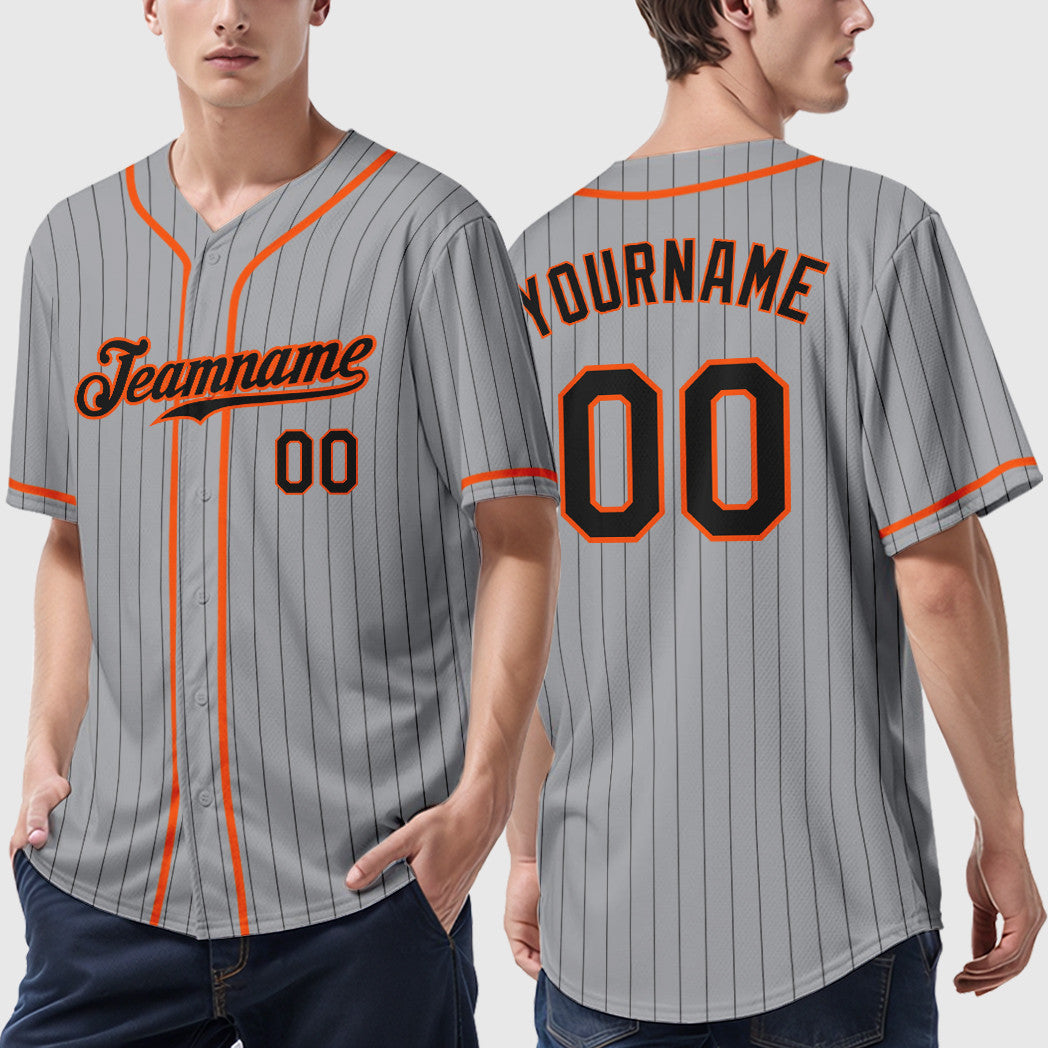 Custom Gray Black Black-Orange Piping Pinstripe Baseball Jersey