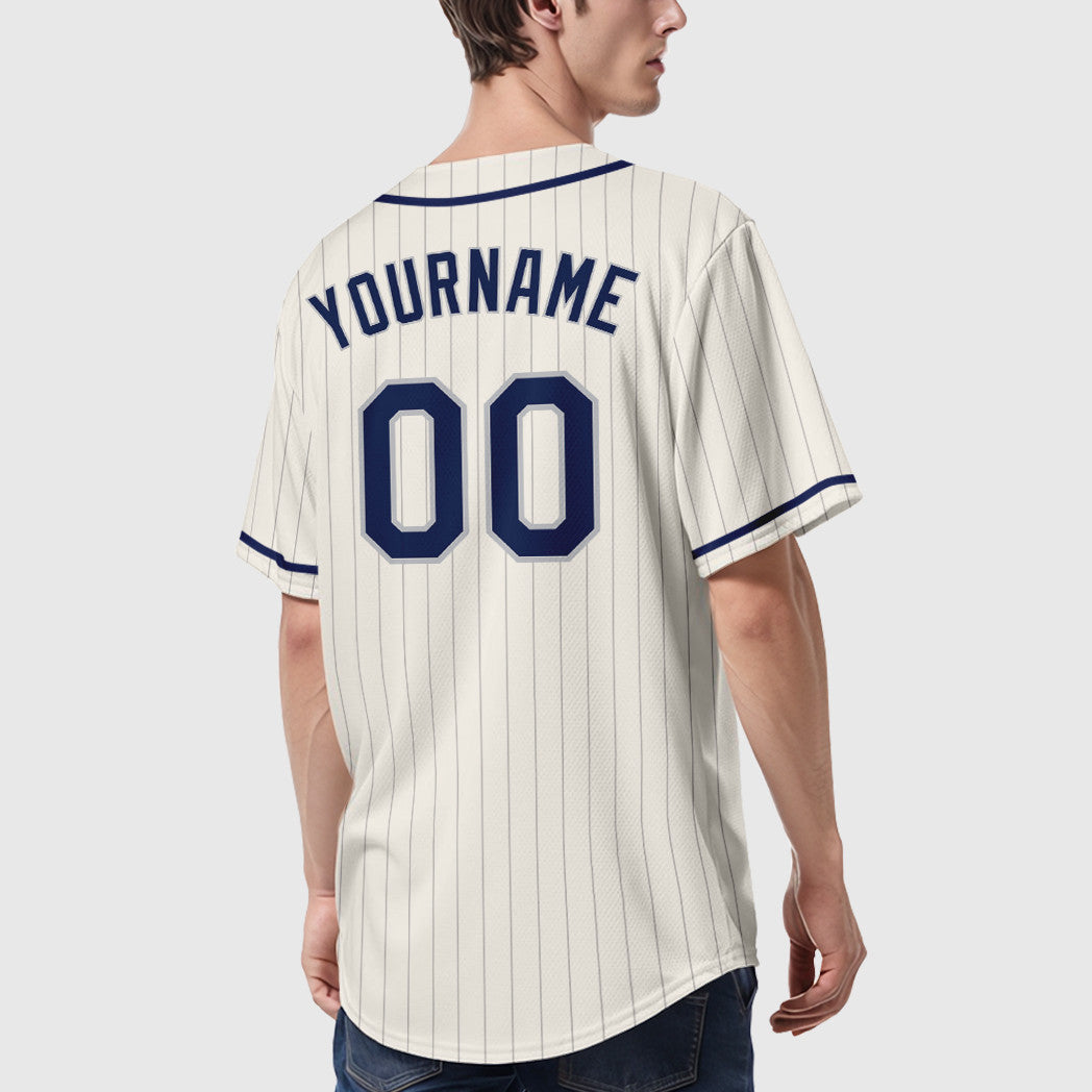 Custom Cream Gray Navy Piping Pinstripe Baseball Jersey