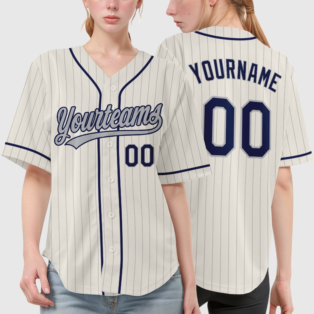 Custom Cream Gray Navy Piping Pinstripe Baseball Jersey
